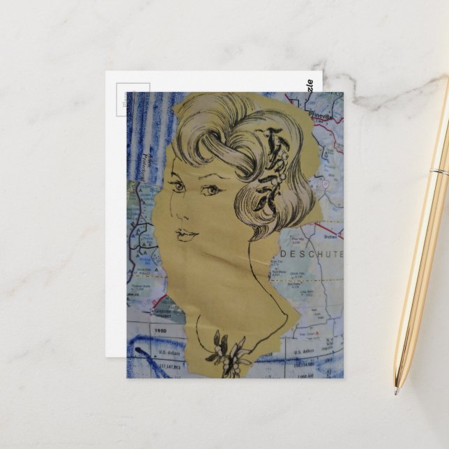 Postale Style de cheveux rétro femme et collage de carte (Devant/Arrière en situation)