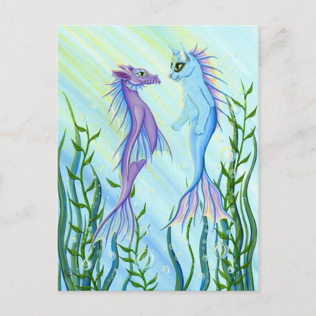 Postale Sunrise Swim Sea Dragon & Mermaid Cat Art Carte po (Devant)