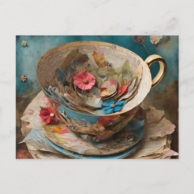 Postale Teacup de papier rempli avec des fleurs carte post (Devant)