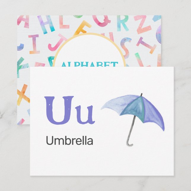 Postale U est pour Umbrella - Carte Flash Alphabet (Devant / Derrière)