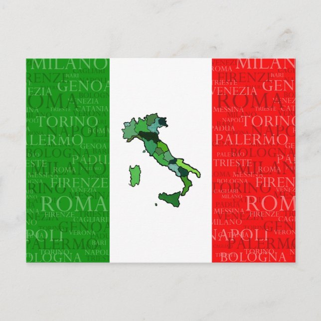 Postale Villes, carte et drapeau de l'Italie (Devant)