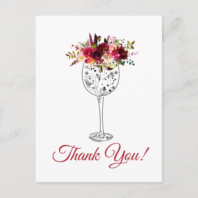 Postale vin, carte de remerciements fleurie (Devant)