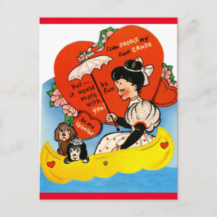 Postale Vintage fille & chien en Canoë Valentine Carte pos