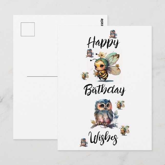 Postale VŒUX D'ANNIVERSAIRE Chouettes et Abeilles |  Carte (Devant / Derrière)