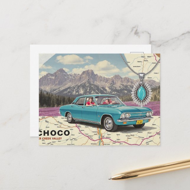 Postale Voiture Ancienne sur un Collage de Carte (Devant/Arrière en situation)