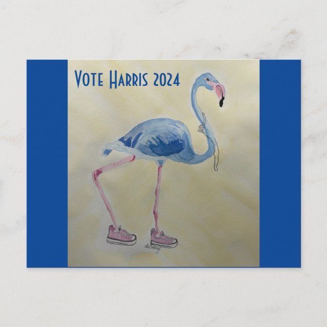 Postale Vote Harris 2024 Flamant rose bleu avec carte post (Devant)