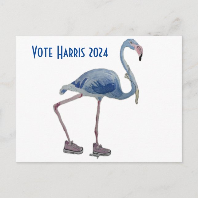 Postale Vote Harris 2024 Flamant rose bleu avec carte post (Devant)