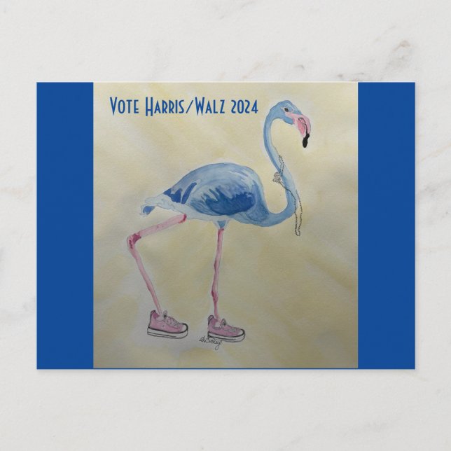 Postale Vote Harris/Walz Flamant rose bleu avec carte post (Devant)