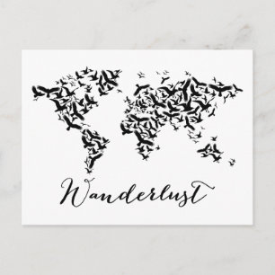Postale Wanderlust, carte du monde avec les oiseaux volant