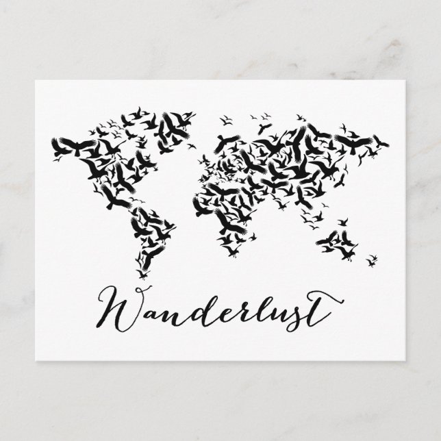 Postale Wanderlust, carte du monde avec les oiseaux volant (Devant)