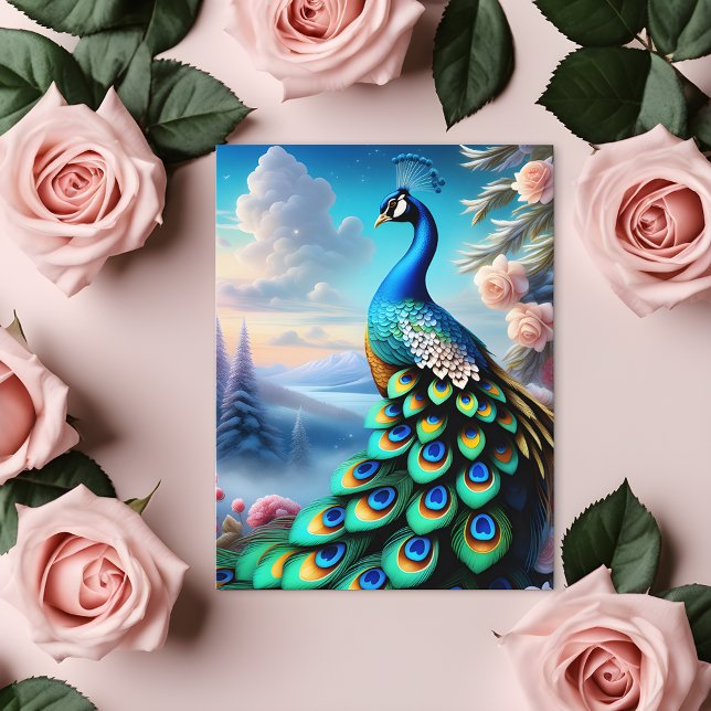 Postale Whimsical Imaginaire Art Rose Garden Peacock carte (🌹 Whimsical Elegance: Peacock in Winter Garden! ❄️)