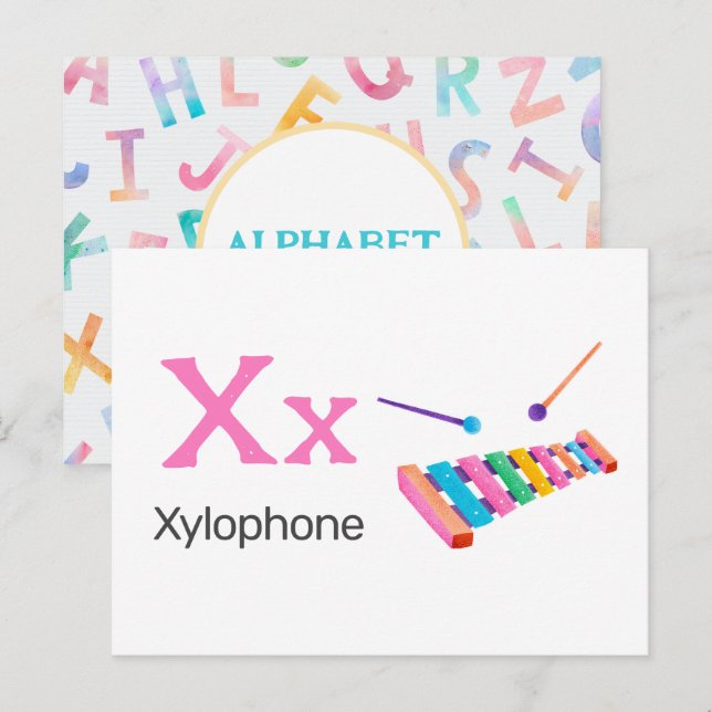 Postale X est pour Xylophone - Carte Flash Alphabet (Devant / Derrière)