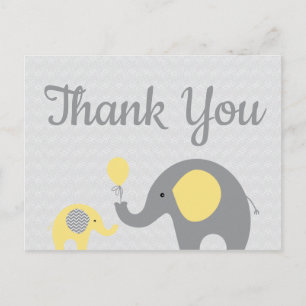 Postale Yello Grey Elephant Baby shower Merci carte postal