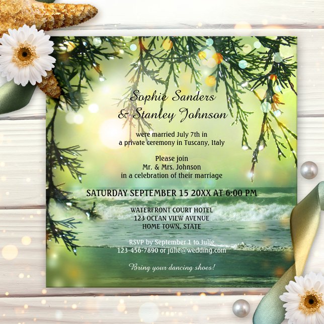 Poste de plage étincelante ou après Faire-part de  (Wedding reception only invitation featuring a painting of an ocean with sparkling bokeh lights)