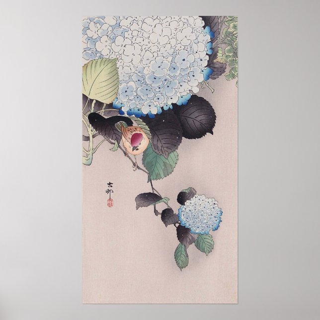 Poster ア ジ  に 雀, 小 古 Sparrow sur Hydrangea, Ohara Koson (Devant)