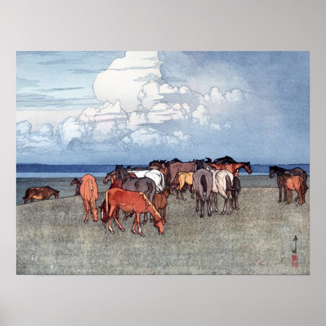 Poster 沼 崎 場, Chevaux, Hiroshi Yoshida, Bois (Devant)