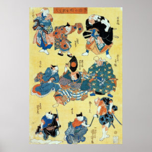 Poster 流 行 猫 の 狂 言 づ de , Acteurs du Chat, Kuniyoshi, Uk