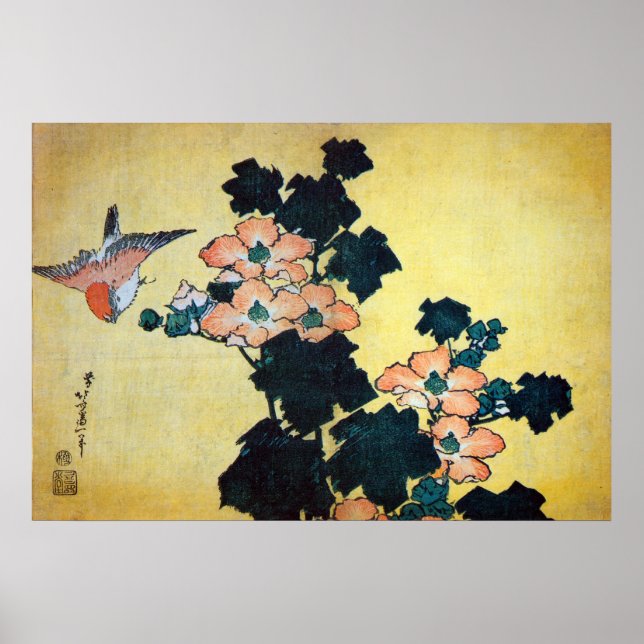 Poster 芙 蓉 に 雀, 北 Hibiscus Mutabilis et Sparrow, Hokusai (Devant)