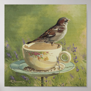 Poster 0470 Sparrow on Teacup Art Print