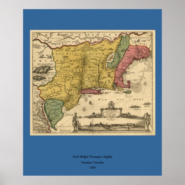 Poster 1685 Map - New Belgium, The New World, New England (Devant)