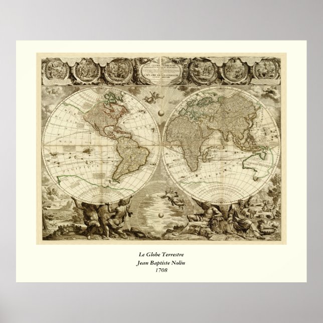 Poster 1708 World Map by Jean Baptiste Nolin (Devant)