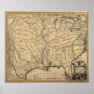 Poster 1721 Carte Territoire de la Louisiane et rivière M