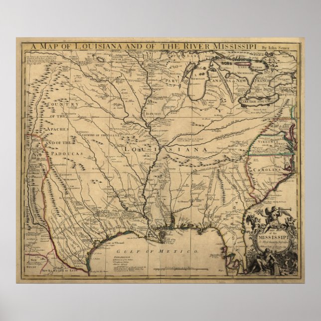 Poster 1721 Carte Territoire de la Louisiane et rivière M (Devant)