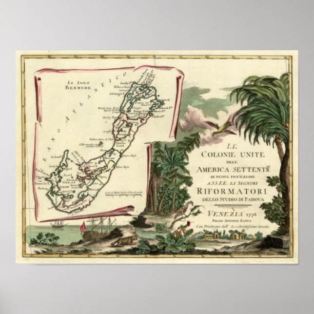 Poster 1778 Le Isole Bermude Carte (Devant)