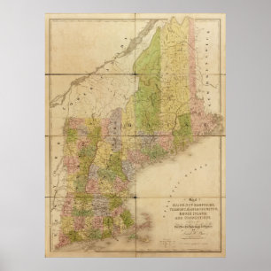 Poster 1839 Map of Maine & New England States