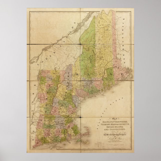 Poster 1839 Map of Maine & New England States (Devant)