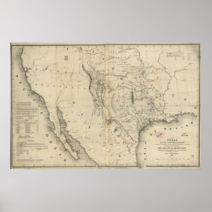 Poster 1844 Carte de la République du Texas et des pays a