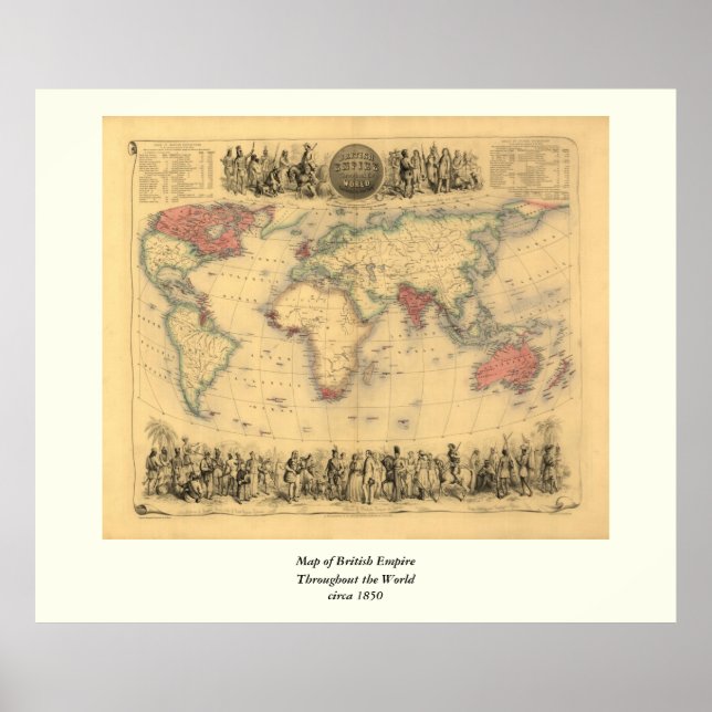 Poster 1850's Map of British Empire Throughout the World (Devant)