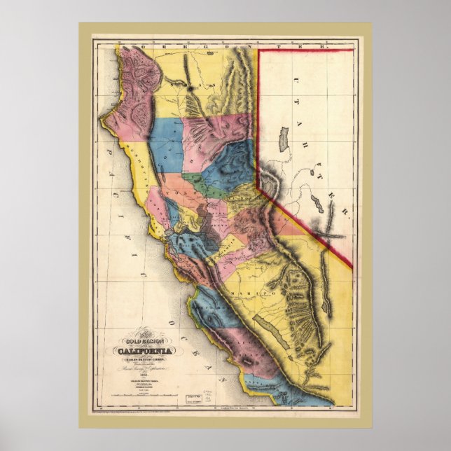Poster 1851 California Gold Map Très Colorée! (Devant)