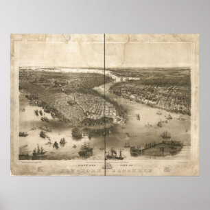 Poster 1851 New York & Brooklyn Birds Eye Panoramic Map