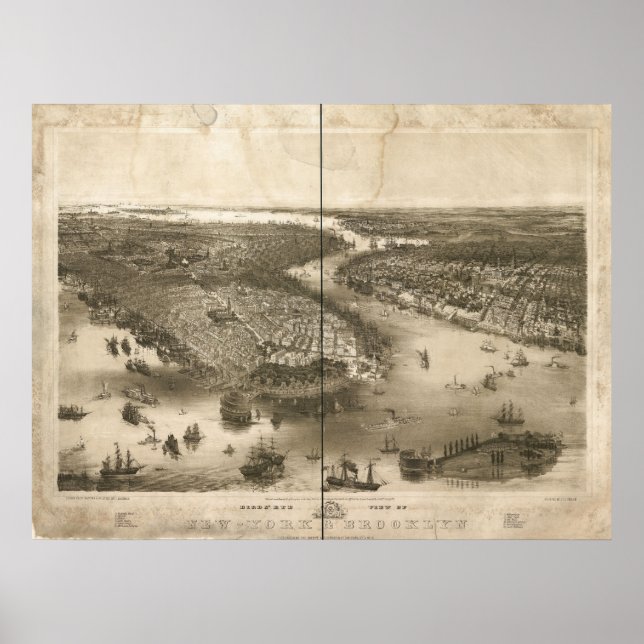 Poster 1851 New York & Brooklyn Birds Eye Panoramic Map (Devant)