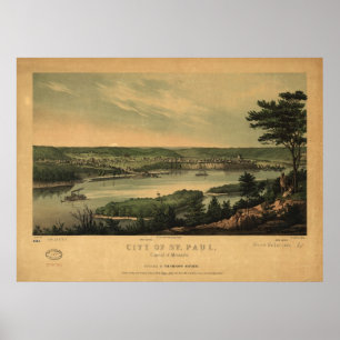 Poster 1853 Saint Paul, carte panoramique de vue d'oeil