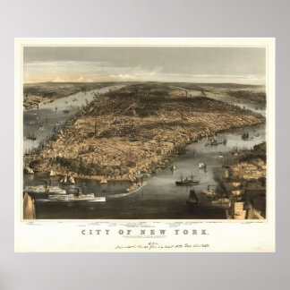 Poster 1856 New York City NY Birds Eye View Panoramic Map