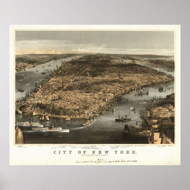 Poster 1856 New York City NY Birds Eye View Panoramic Map (Devant)