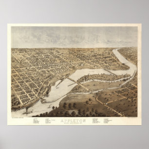 Poster 1867 Appleton, carte panoramique de vue d'oeil