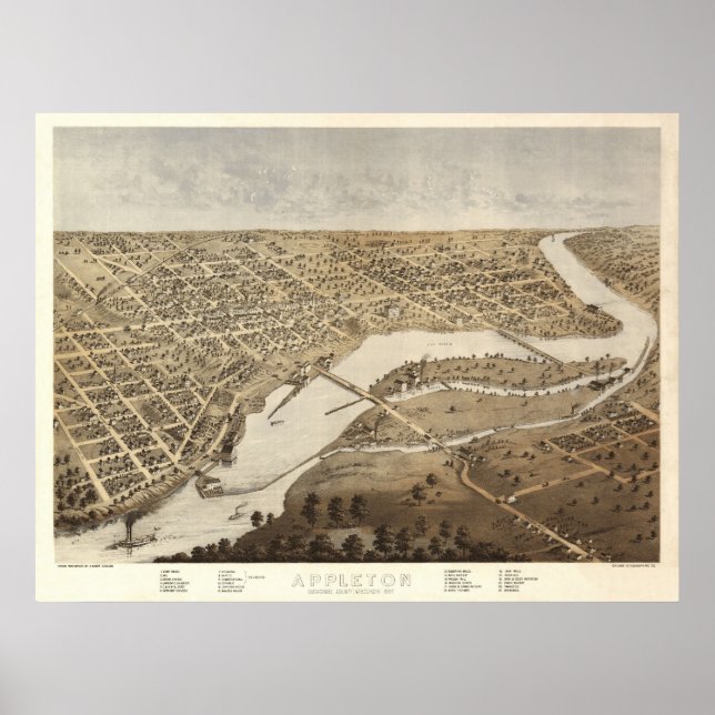 Poster 1867 Appleton, WI Birds Eye View Panoramic Map (Devant)