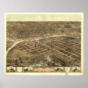 Poster 1868 Des Moines, carte panoramique de vue d'oeil