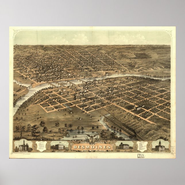 Poster 1868 Des Moines, IA Oiseaux Vue panoramique Carte (Devant)
