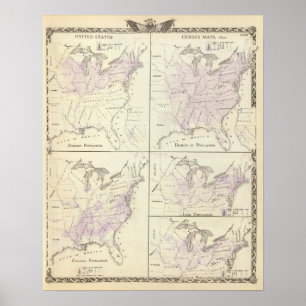 Poster 1870 cartes de recensement des Etats-Unis