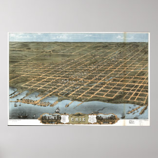 Poster 1870 Erie, PA Birds Eye View Panoramic Map
