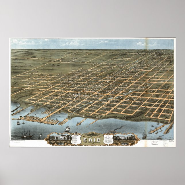 Poster 1870 Erie, PA Birds Eye View Panoramic Map (Devant)
