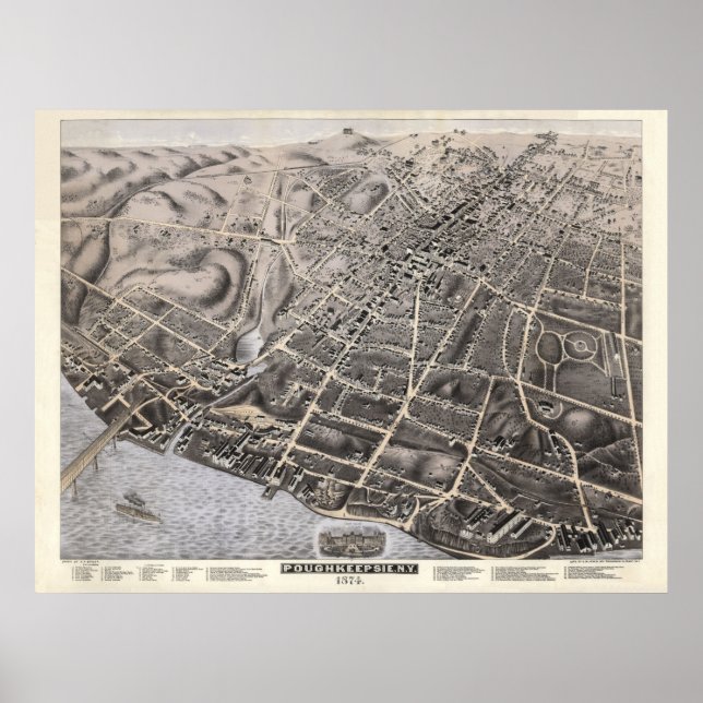 Poster 1874 Poughkeepsie, NY Birds Eye View Panoramic Map (Devant)
