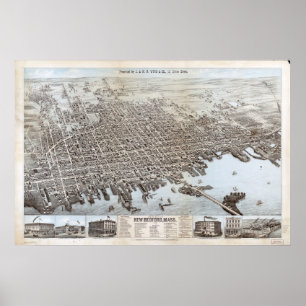 Poster 1876 New Bedford, carte panoramique de vue d'oeil