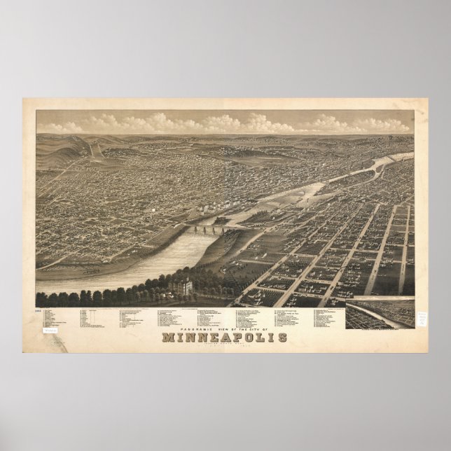 Poster 1879 Minneapolis, MN Oiseaux Vue panoramique Carte (Devant)