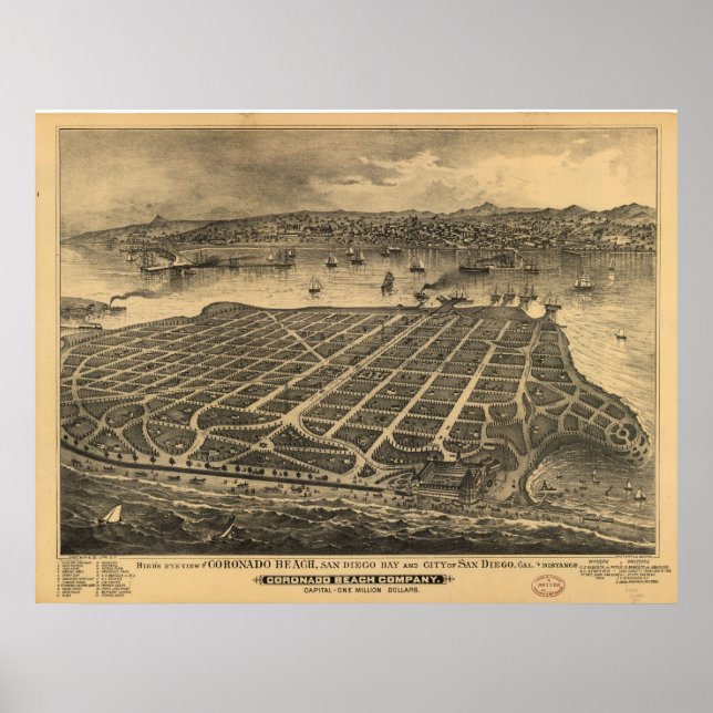 Poster 1880 San Diego CA Oiseaux Vue panoramique (Devant)