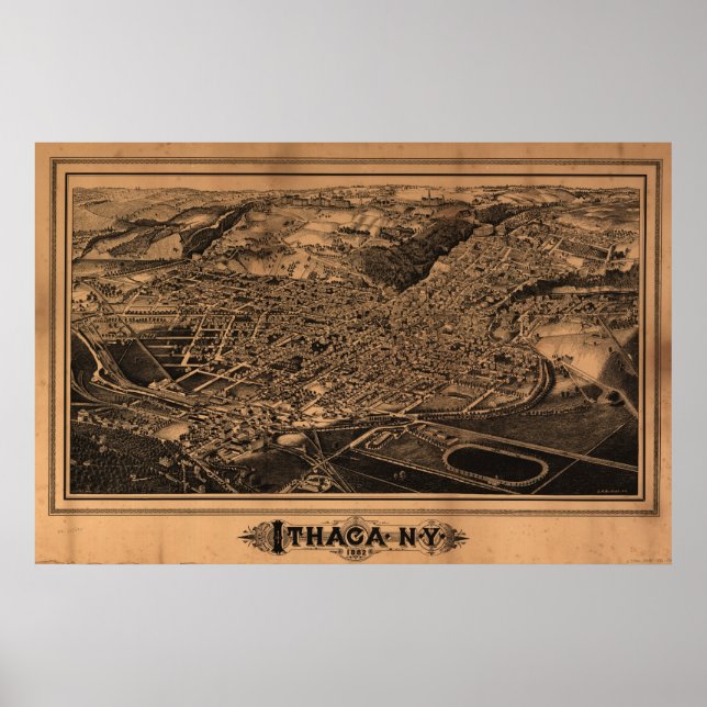 Poster 1882 Ithaca, NY Birds Eye View Panoramic Map (Devant)